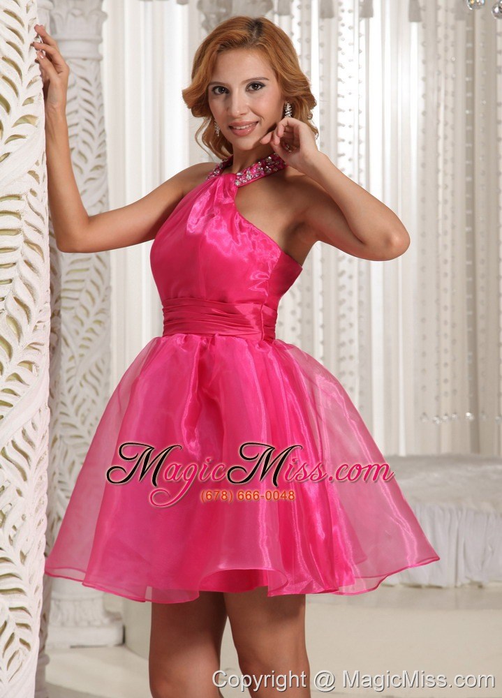wholesale custom made halter hot pink mini-length prom / cocktail dress with beading decorate