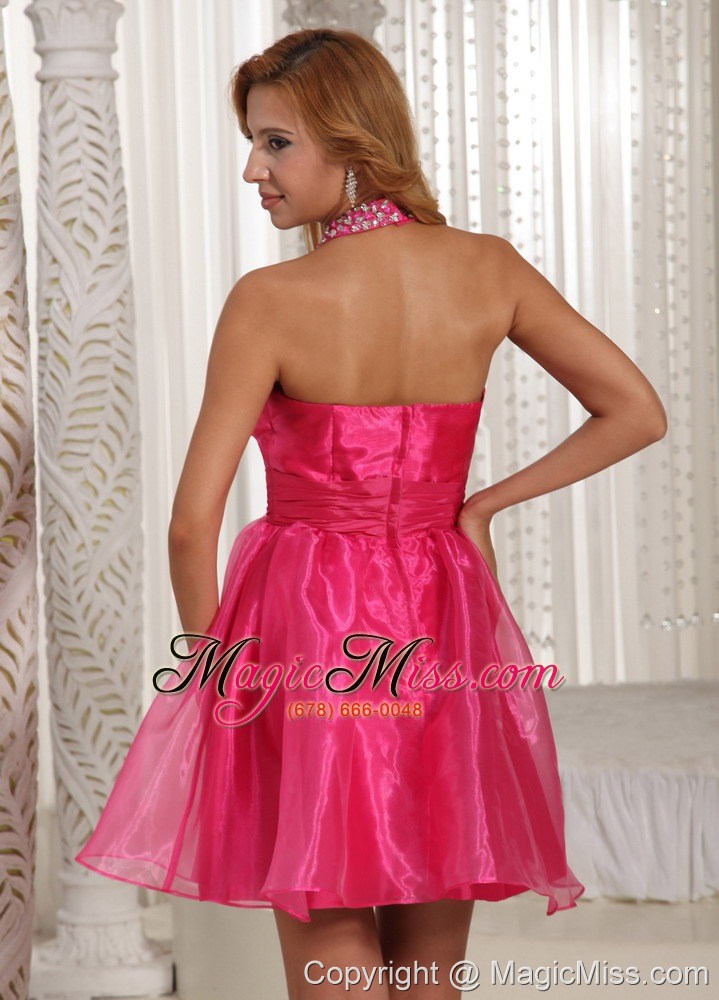 wholesale custom made halter hot pink mini-length prom / cocktail dress with beading decorate
