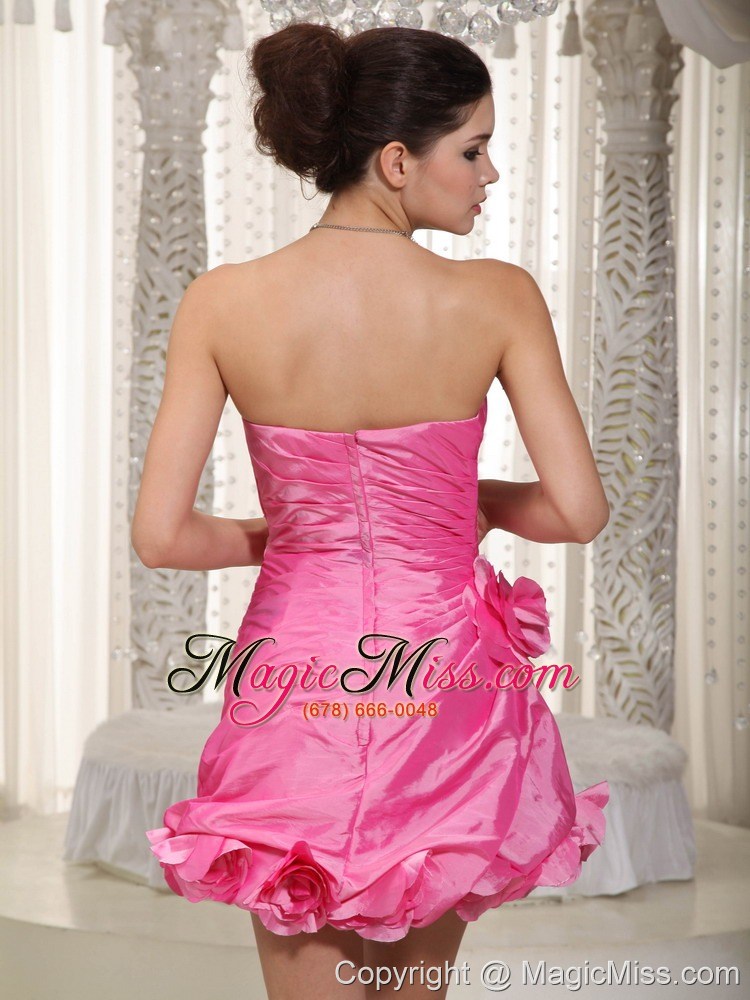 wholesale rose pink column strapless mini-length taffeta handle flowers prom / cocktail dress