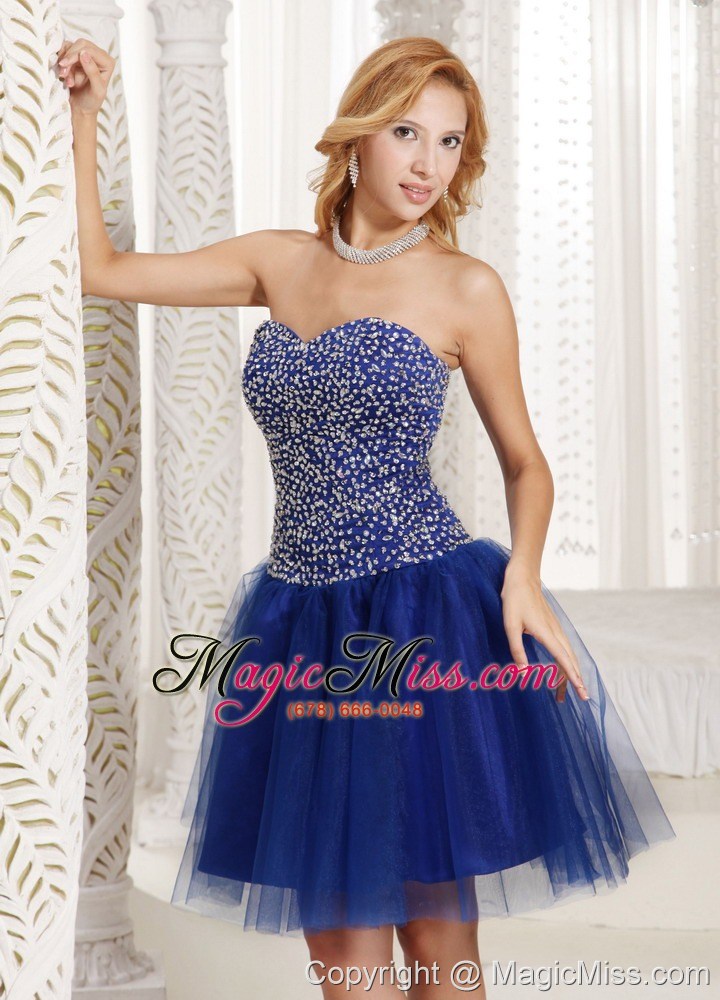 wholesale peacock blue beaded decorate up bodice knee-length 2013 prom dress sweetheart tulle