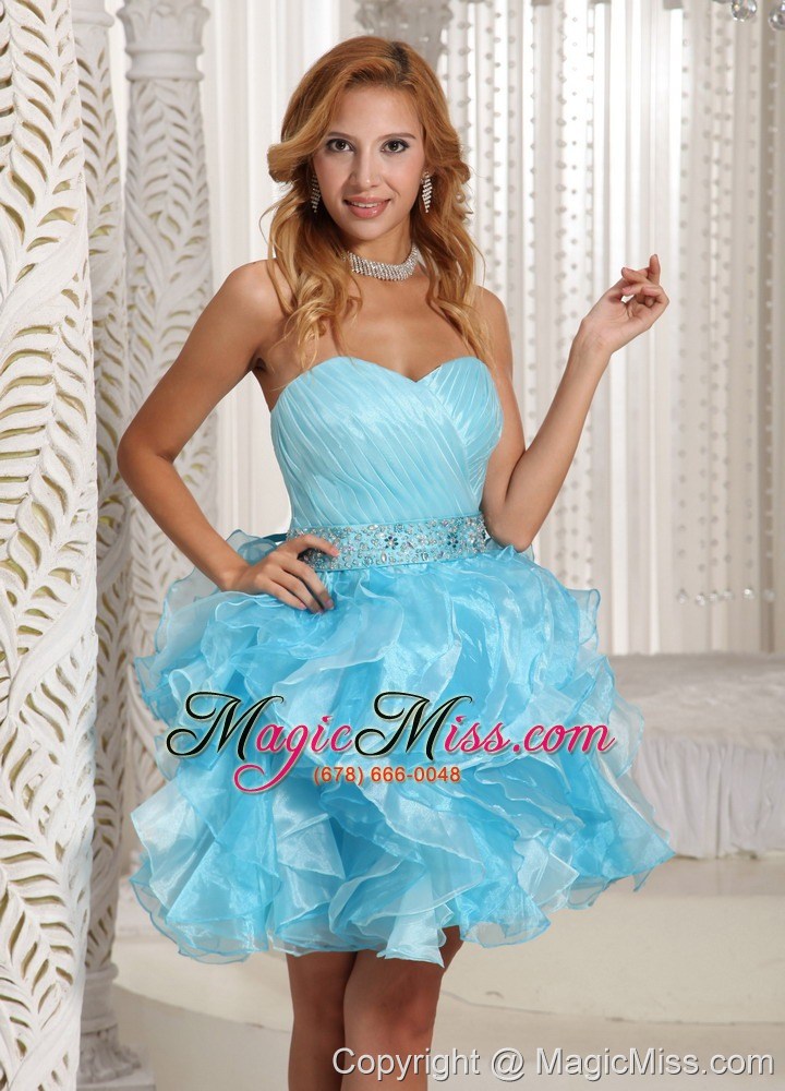 wholesale wholesale a-line aque blue ruffles prom dress ruched bodice and beading mini-length
