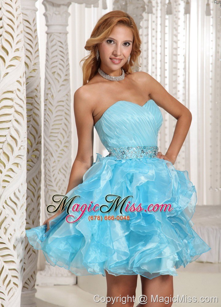 wholesale wholesale a-line aque blue ruffles prom dress ruched bodice and beading mini-length