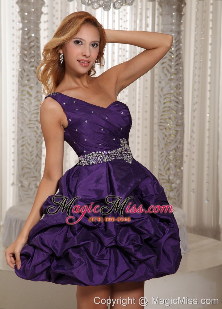 wholesale eggplant purple one shoulder beading and pick-ups mini-length prom dress for party