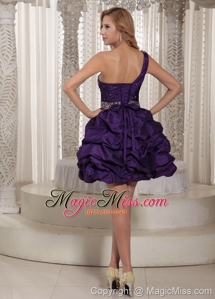 wholesale eggplant purple one shoulder beading and pick-ups mini-length prom dress for party