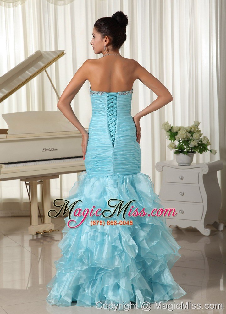 wholesale ruched bodice and ruffles 2013 mermaid baby blue prom dress sweetheart