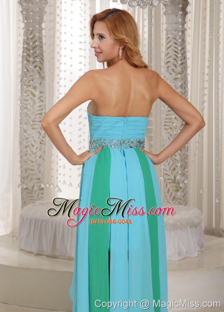 wholesale asymmetrical sweetheart beaded decorate waist prom dress with aque blue chiffon 2013