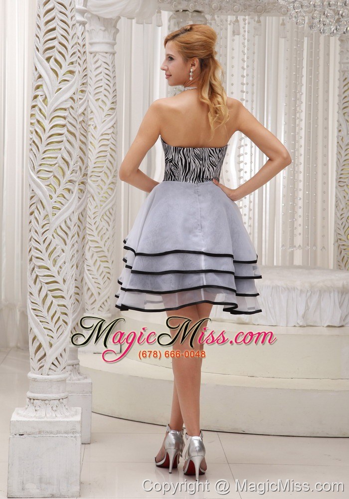 wholesale fashionable grey 2013 prom / homecoming dress with mini-length a-line tiered strapless organza and zebra gown