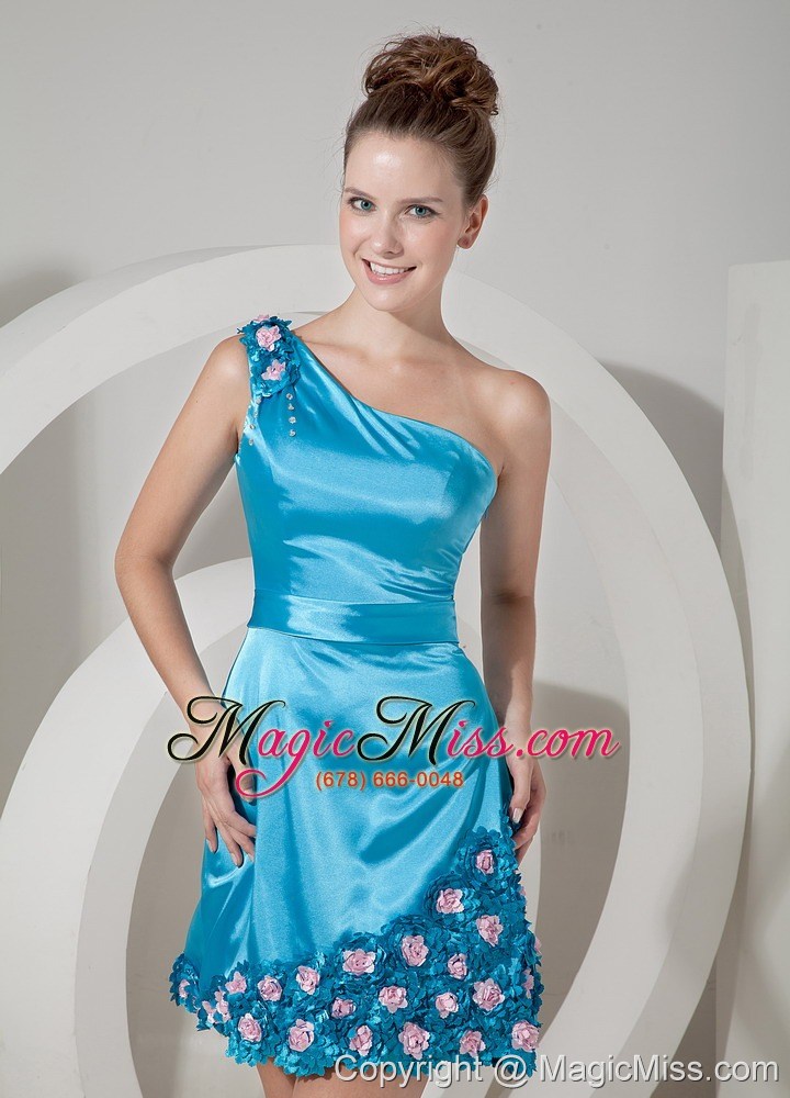 wholesale aqua blue column one shoulder mini-length taffeta hand made flowers prom / homecoming dress