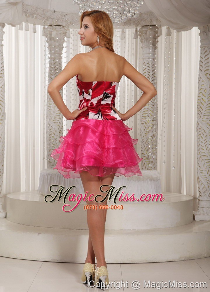 wholesale hot pink homecoming dress with printing decorate bust ruched layeres for summer mini-length 2013