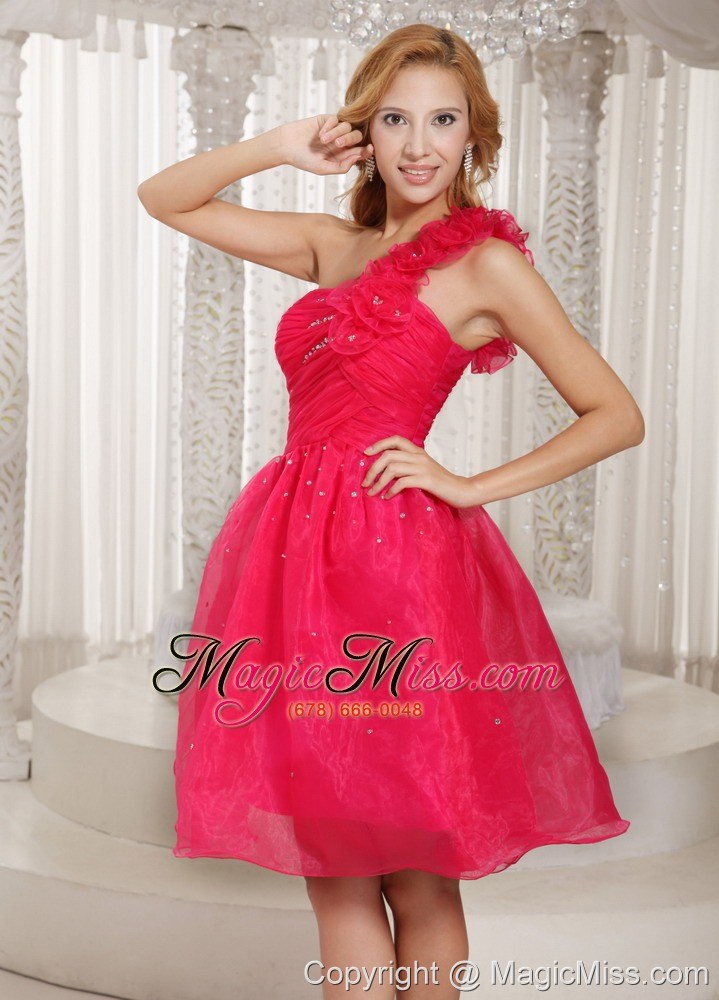 wholesale hand made flowers hot pink one shoulder prom dress organza with ruch bodice