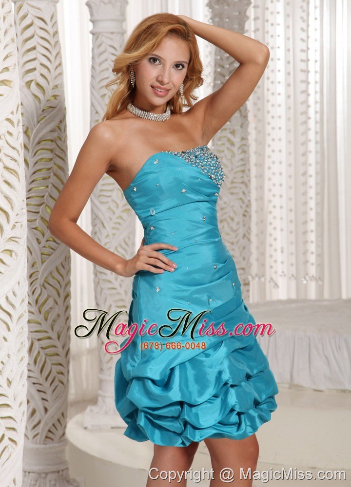 wholesale a-line strapless beaded decorate bust with pick-ups prom dress turquoise blue taffeta