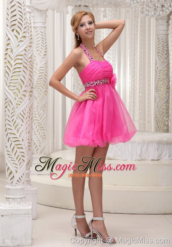 wholesale beaded decorate halter hand made flower hot pink organza mini-length prom / cocktail dress for 2013