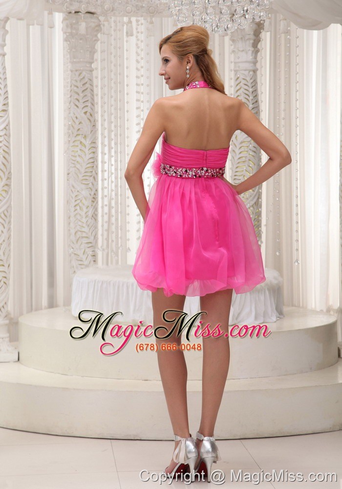 wholesale beaded decorate halter hand made flower hot pink organza mini-length prom / cocktail dress for 2013