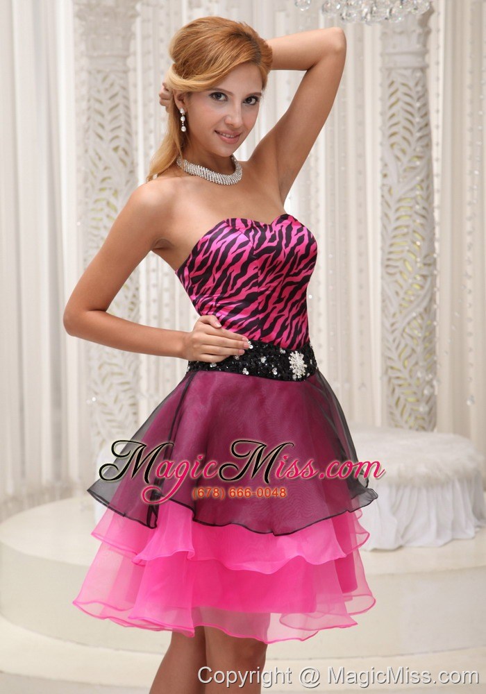 wholesale hot pink and black prom / cocktail dress for 2013 zebra and organza beaded decorate wasit mini-length