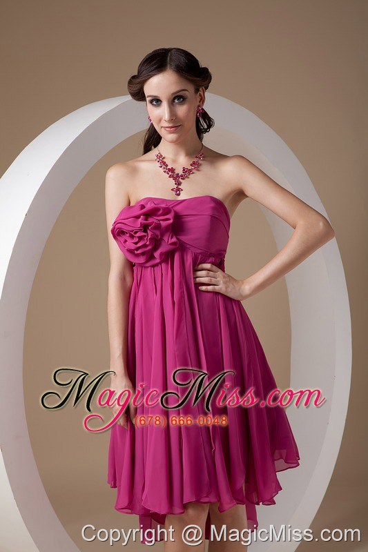 wholesale hot pink empire strapless mini-length chiffon hand made flowers prom / homecoming dress
