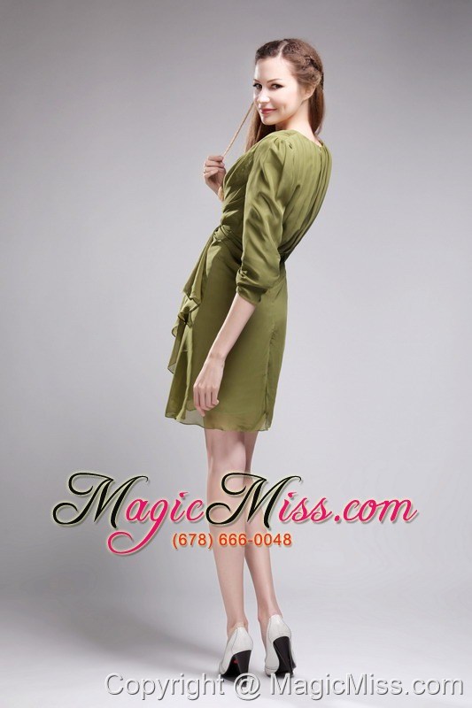 wholesale olive green short v-neck 3 / 4-length sleeve mini-length chiffon ruch prom dress