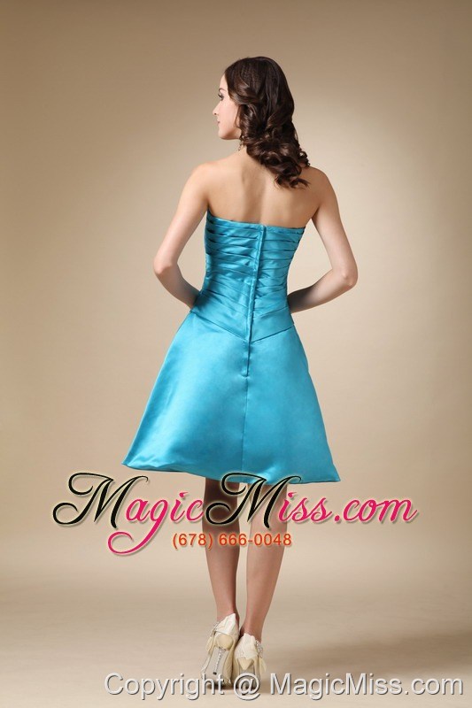 wholesale aqua blue a-line strapless knee-length satin hand made flower prom / homecoming dress