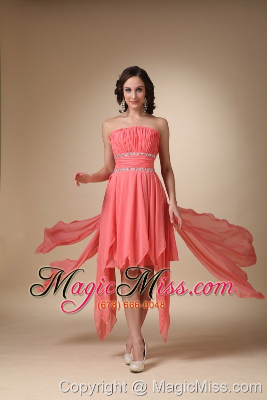 wholesale watermelon red a-line strapless asymmetrical chiffon beading prom / homecoming dress