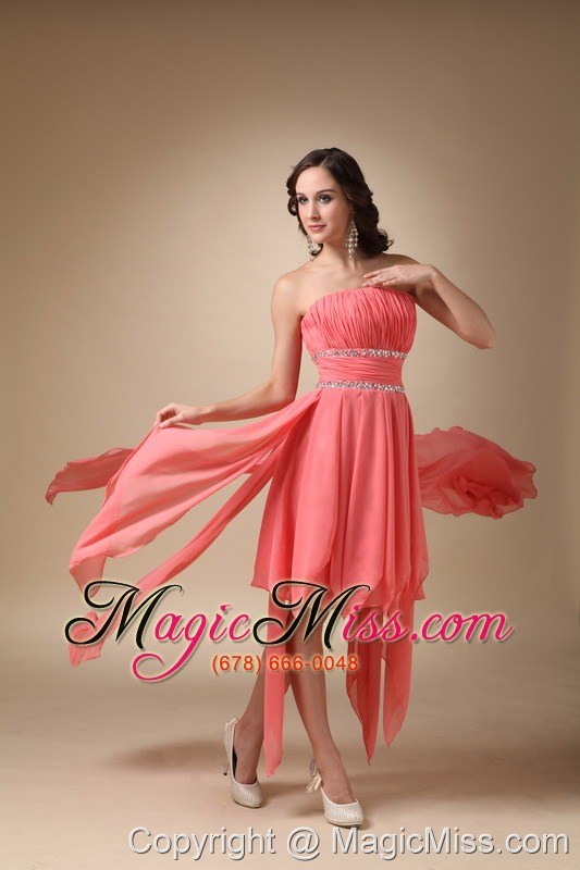 wholesale watermelon red a-line strapless asymmetrical chiffon beading prom / homecoming dress