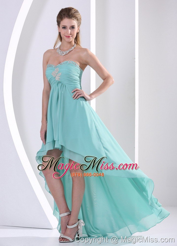 wholesale custom made high-low prom dress with sweetheart turquoise beading and ruch for graduation