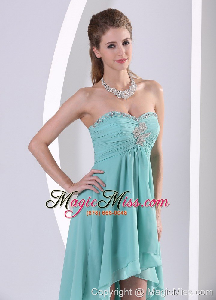 Custom Made Highlow Prom Dress With Sweetheart Turquoise Beading and Ruch For Graduation US