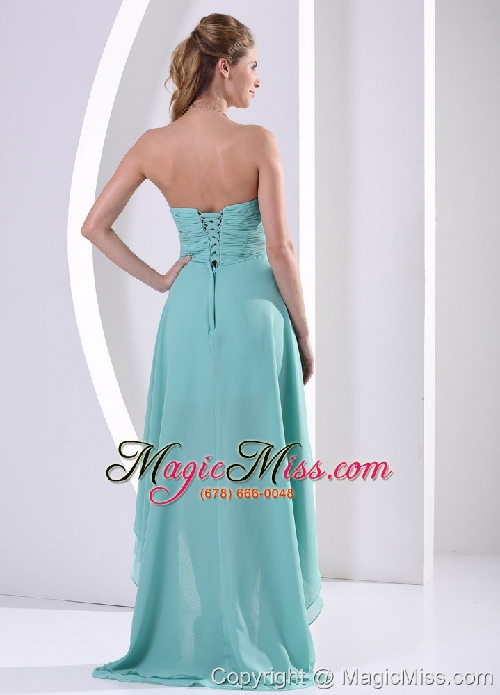 wholesale custom made high-low prom dress with sweetheart turquoise beading and ruch for graduation