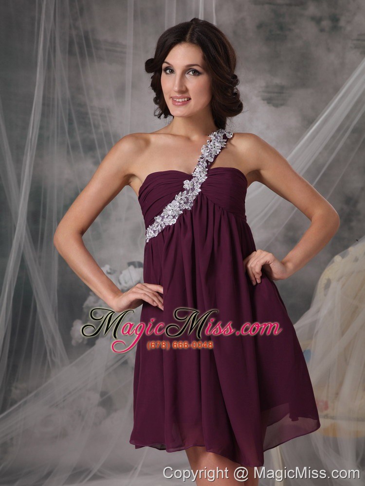 wholesale dark purple empire one shoulder mini-length chiffon appliques prom dress