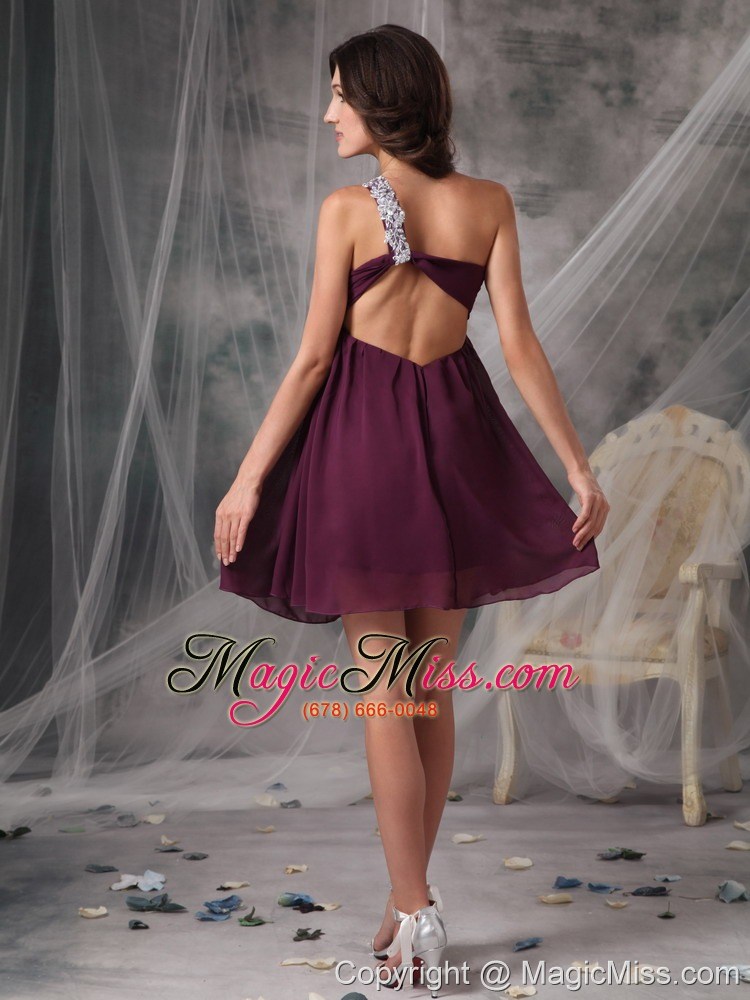 wholesale dark purple empire one shoulder mini-length chiffon appliques prom dress