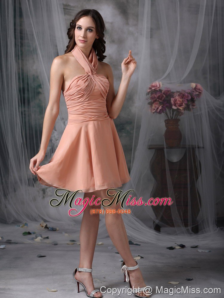 wholesale rust red a-line halter mini-length chiffon ruch prom dress