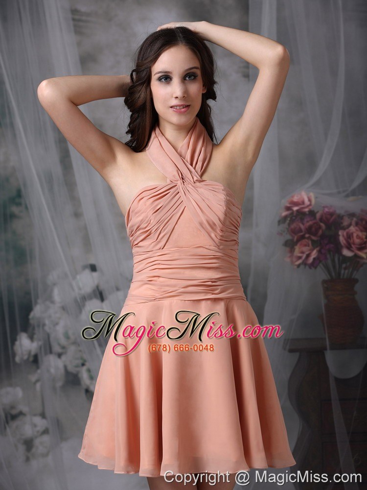 wholesale rust red a-line halter mini-length chiffon ruch prom dress