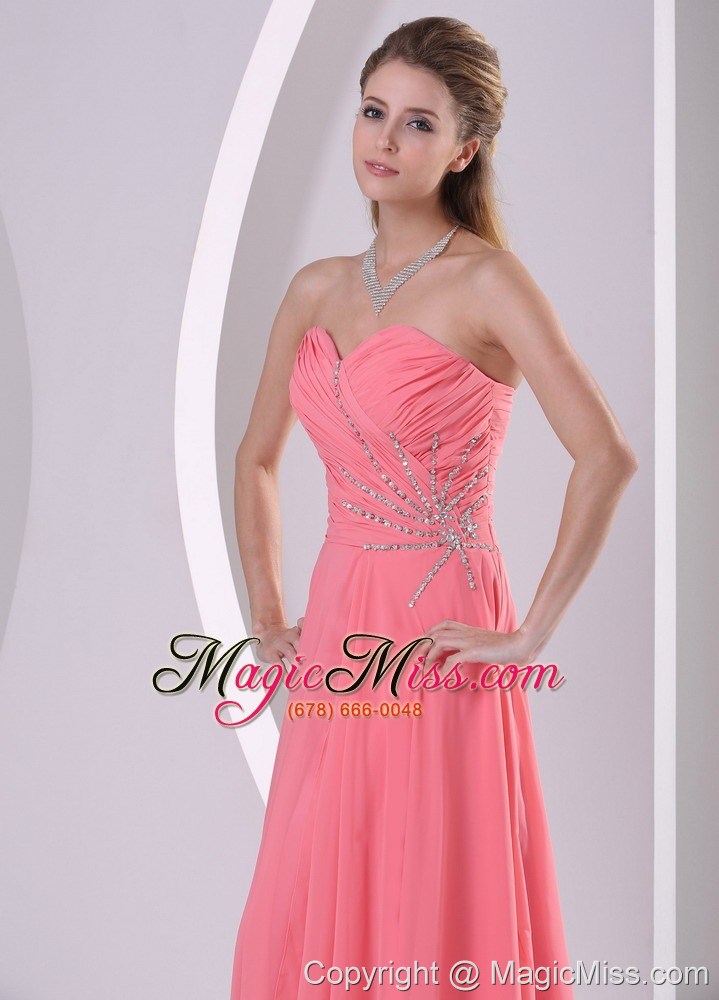 wholesale watermelon red sweetheart beaded and ruched chiffon dress for prom party