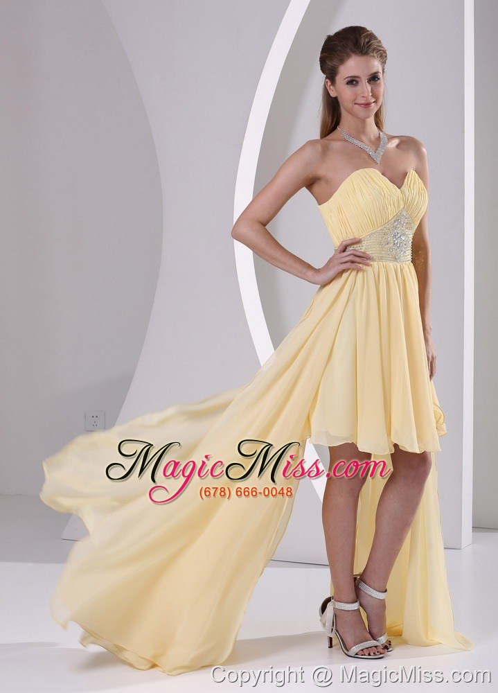 wholesale high-low sweetheart beaded light yellow chiffon detachable prom / homecoming dress for customer made