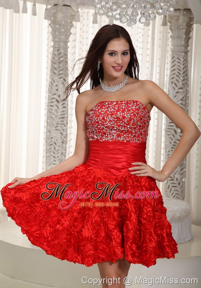 wholesale red a-line / princess stpapless mini-length fabric with rolling flower beading prom dress
