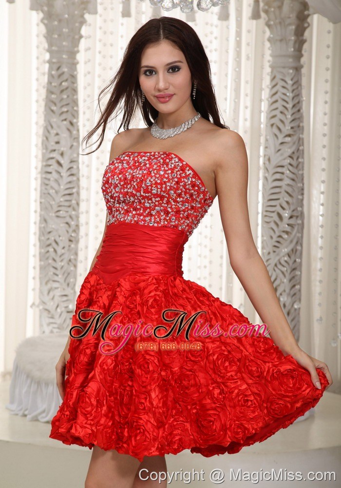 wholesale red a-line / princess stpapless mini-length fabric with rolling flower beading prom dress