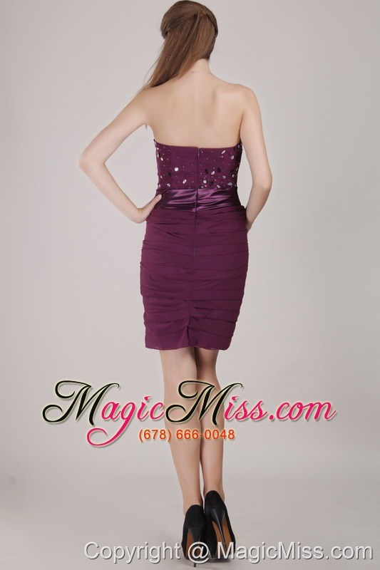 wholesale dark purple column sweetheart mini-length chiffon ruch and beading prom / homecoming dress