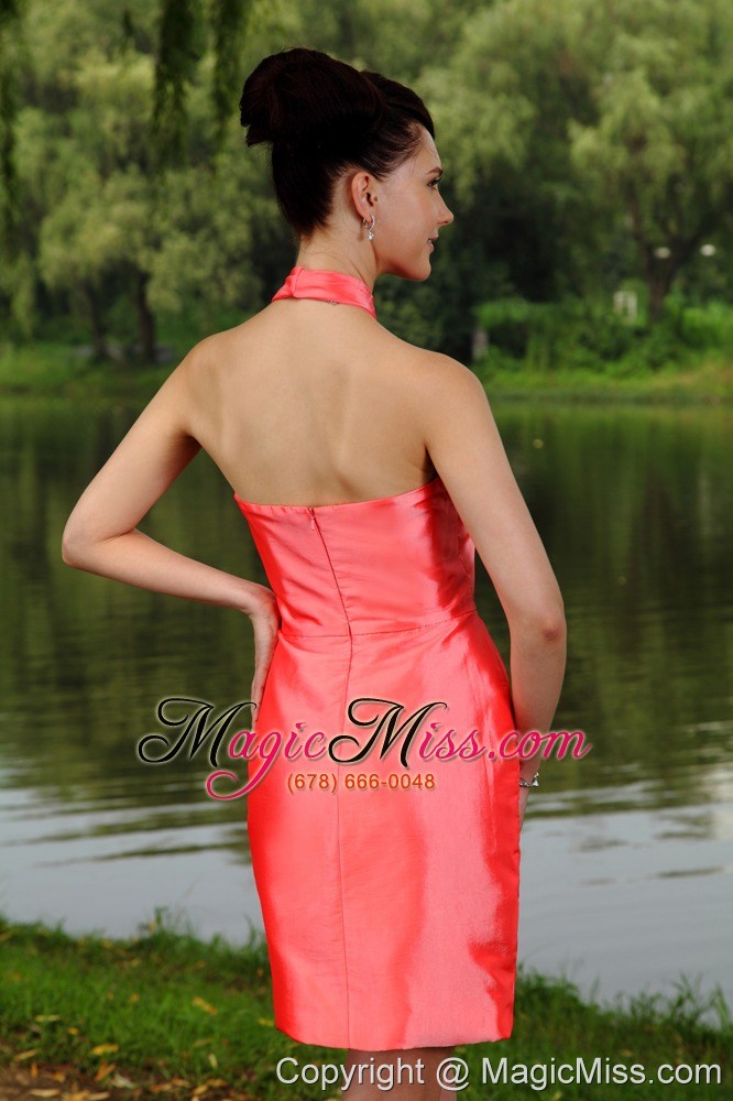 wholesale watermelon red column high-neck mini-length taffeta prom / homecoming dress
