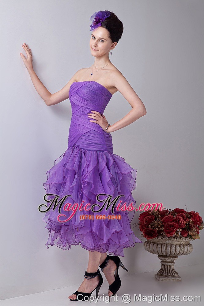 wholesale lavender mermaid strapless tea-length organza ruch prom / homecoming dress