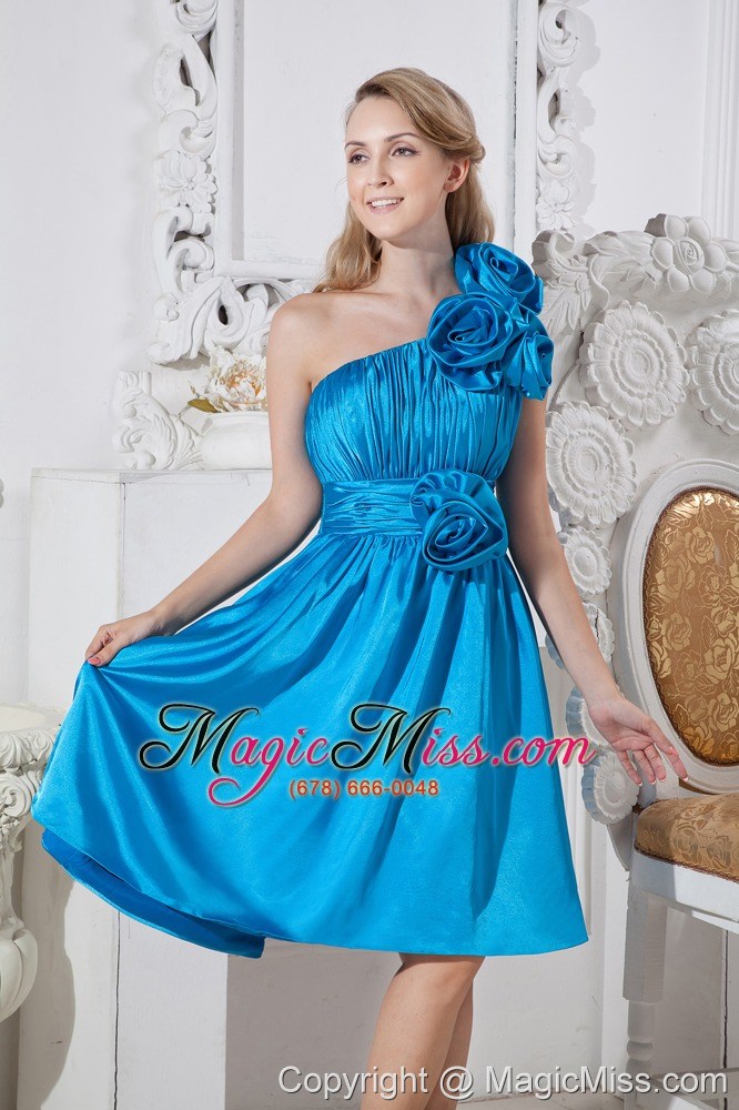wholesale blue a-line one shoulder knee-length taffeta hand made flowers prom dress