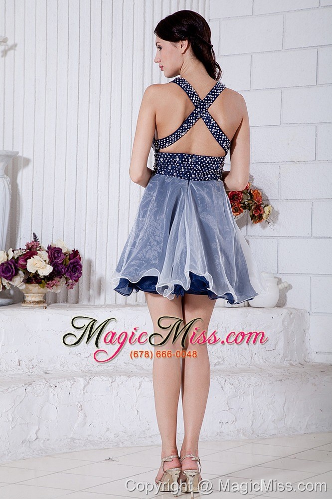 wholesale blue and white a-line v-neck mini-length organza beading prom / homecoming dress