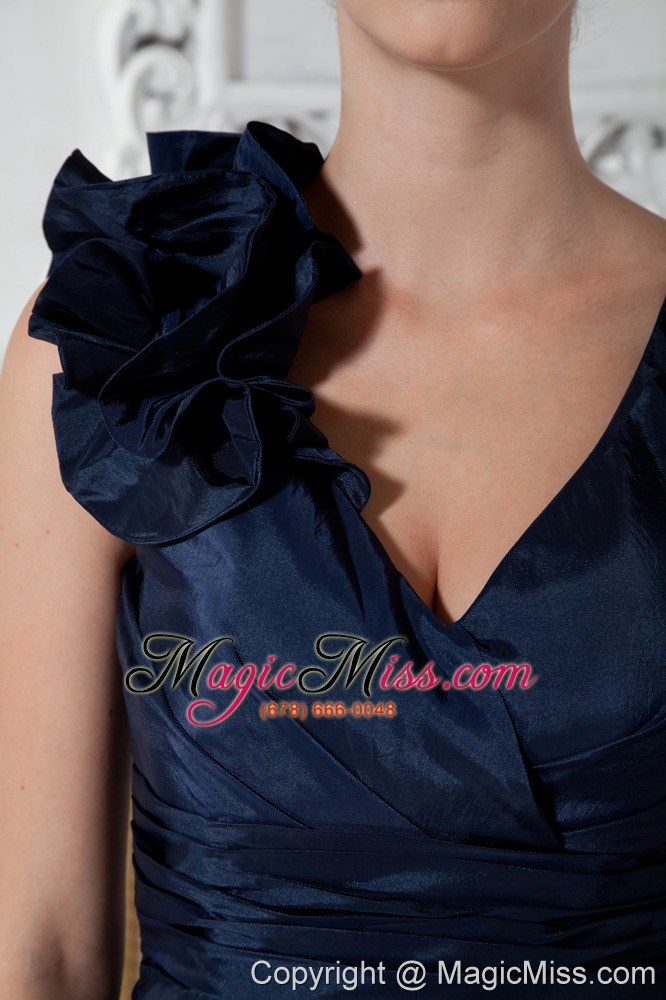 wholesale navy blue column v-neck mini-length taffeta ruch hand made flowers prom dress