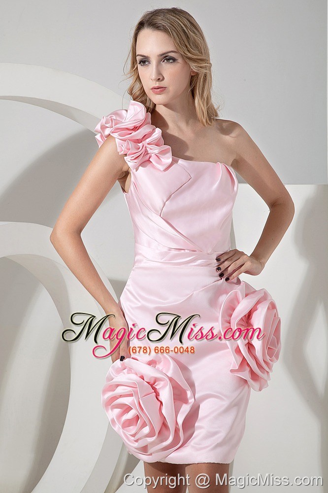 wholesale baby pink column / sheath one shoulder high-lowchiffon and taffeta hand made flowers prom dress