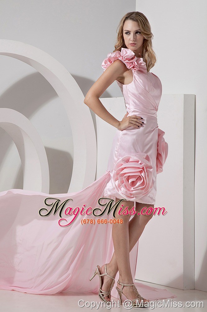 wholesale baby pink column / sheath one shoulder high-lowchiffon and taffeta hand made flowers prom dress
