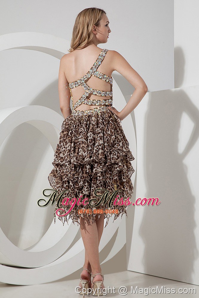 wholesale sexy empire one shoulder tea-length leopard beading prom dress