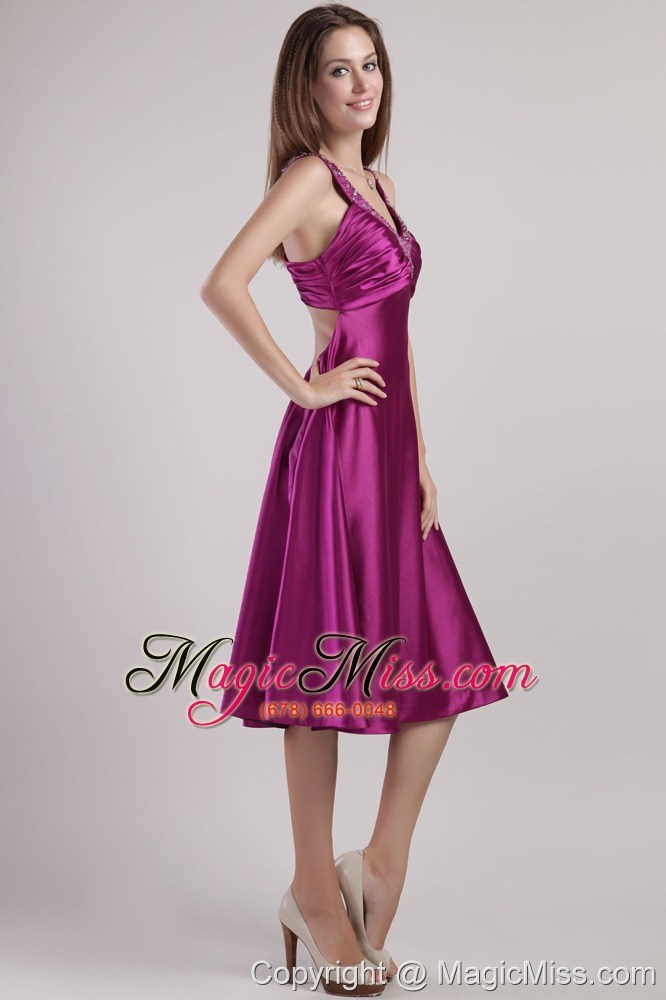 wholesale purple empire v-neck ankle-length elastic woven satin beading prom / pageant dress