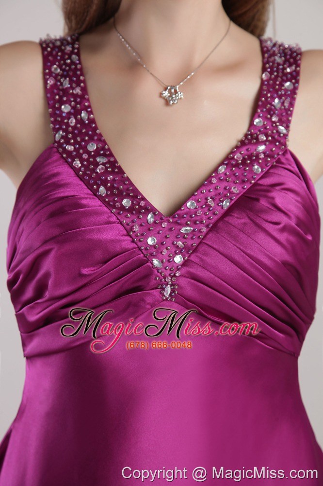 wholesale purple empire v-neck ankle-length elastic woven satin beading prom / pageant dress