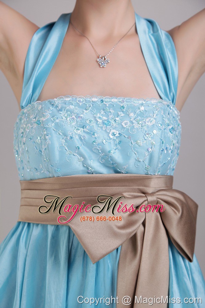 wholesale aqua blue a-line / princess halter high-low taffeta appliques and bowknot prom / homecoming dress