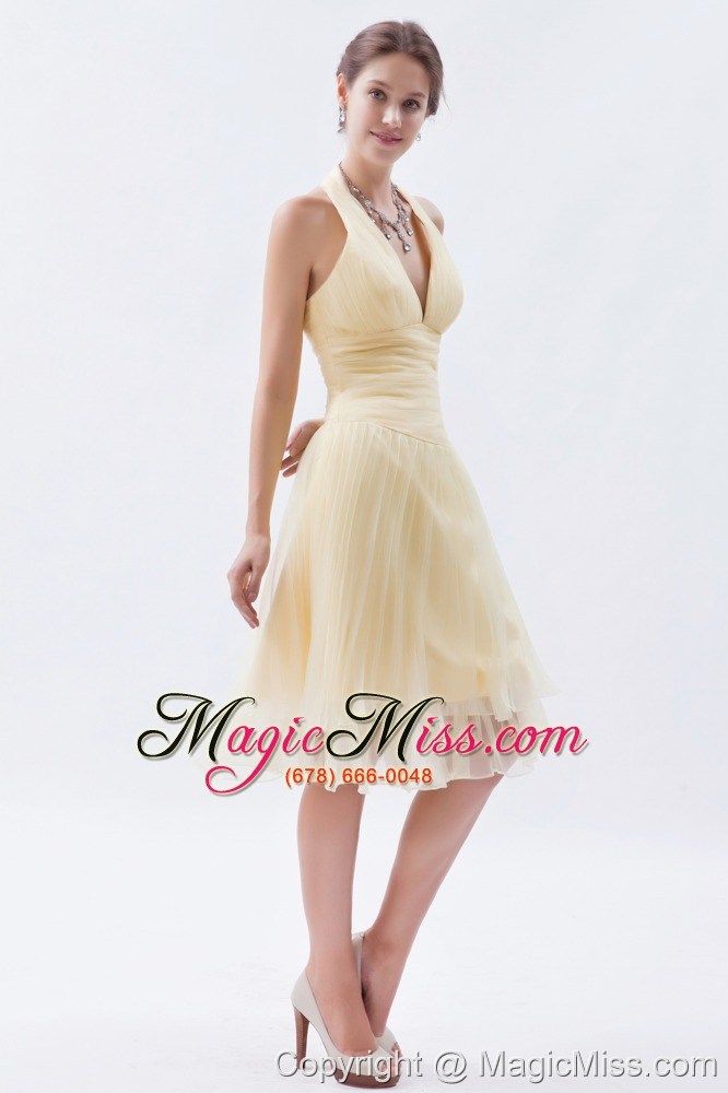 wholesale champagne a-line / princess halter knee-length organza ruch prom dress