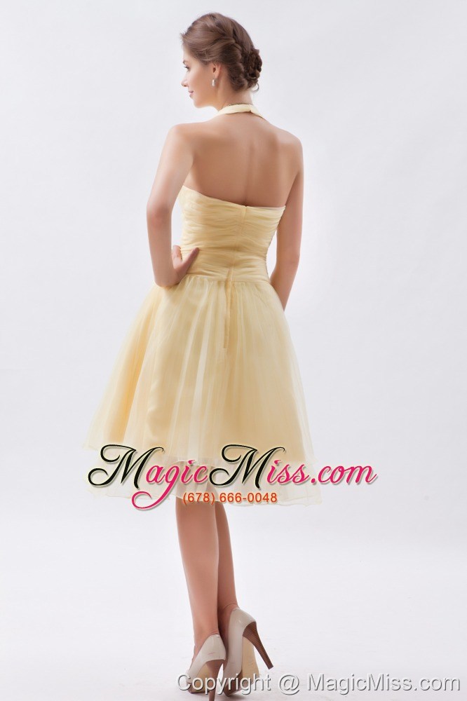 wholesale champagne a-line / princess halter knee-length organza ruch prom dress