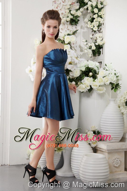 wholesale navy blue a-line strapless short taffeta pleat bridesmaid dress
