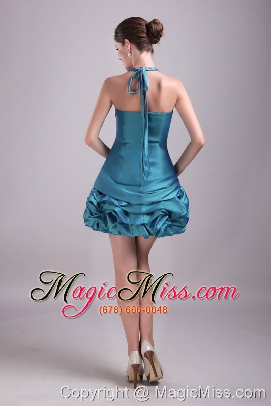 wholesale teal a-line / princess halter mini-length taffeta rhinestone prom / cocktail dress